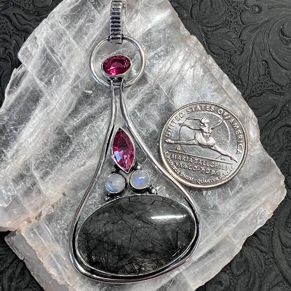 Tourmalinated Quartz Rainbow Moonstone and Pink Gems Pendant - Picture 5 of 7
